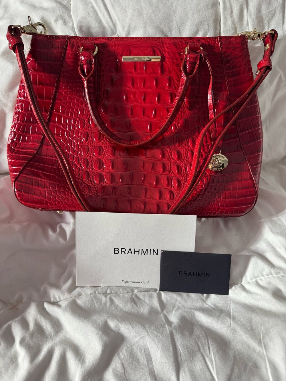 Brahmin Glossy Red Croc-Embossed Satchel with Gold Accents